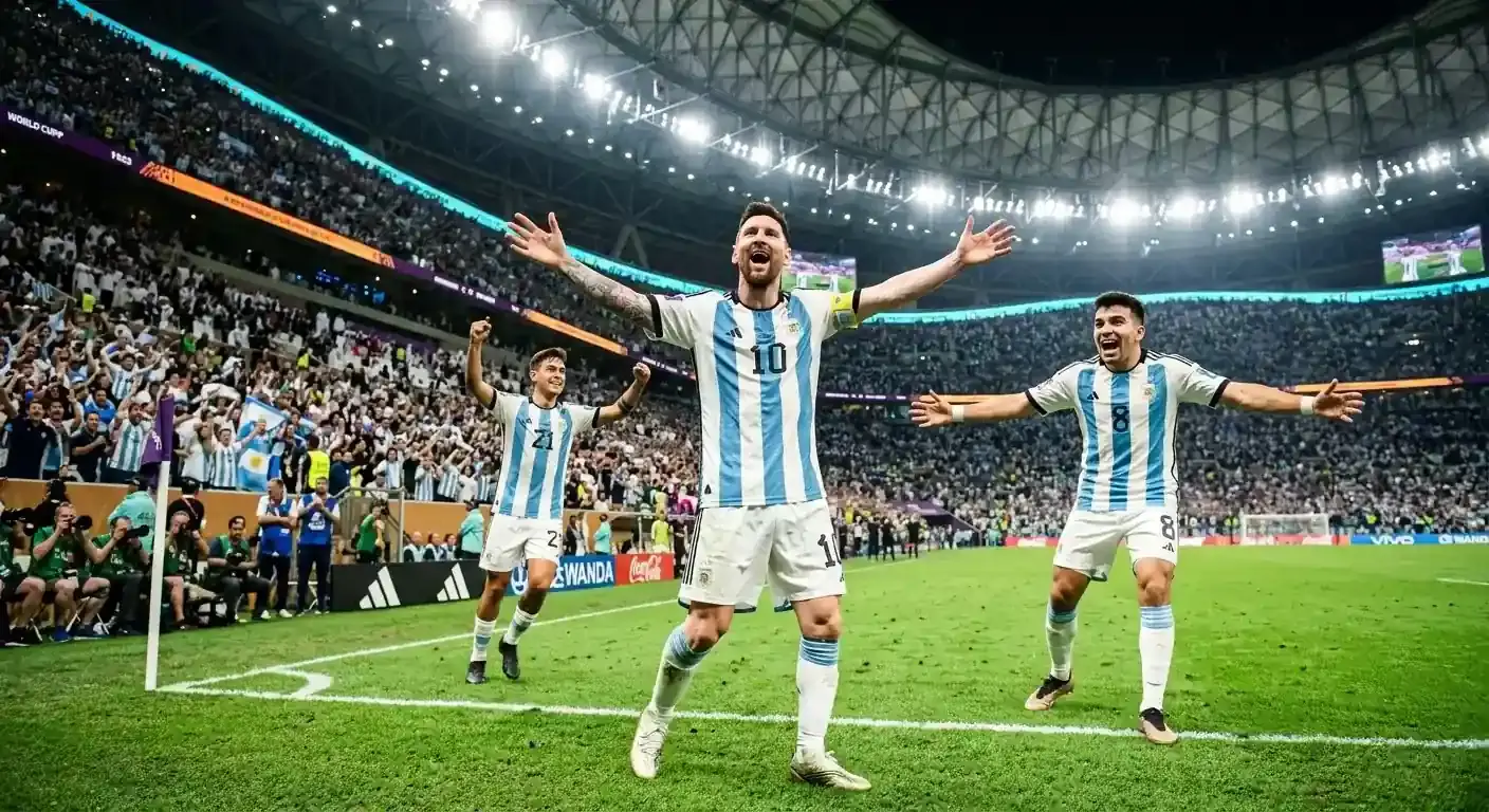 Argentinische Nationalspieler in hellblau-weissen Trikots bejubeln ein Tor in einem ausverkauften WM-Stadion