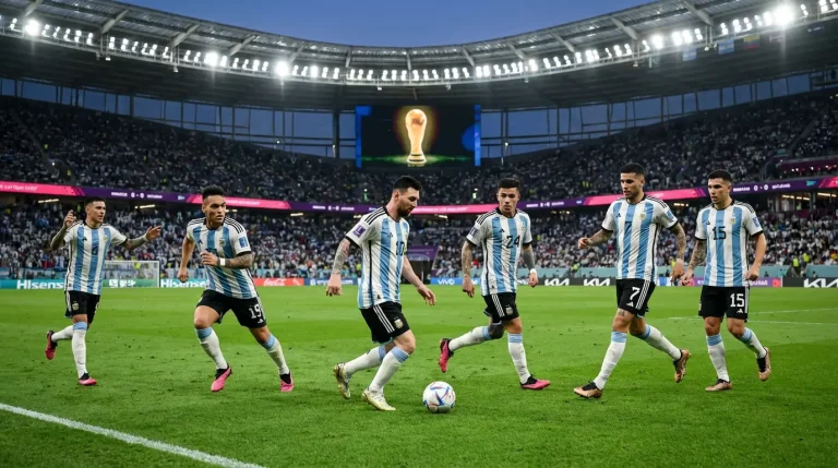 Argentinische Nationalmannschaft mit WM-Pokal 2022 feiert den dritten Weltmeistertitel