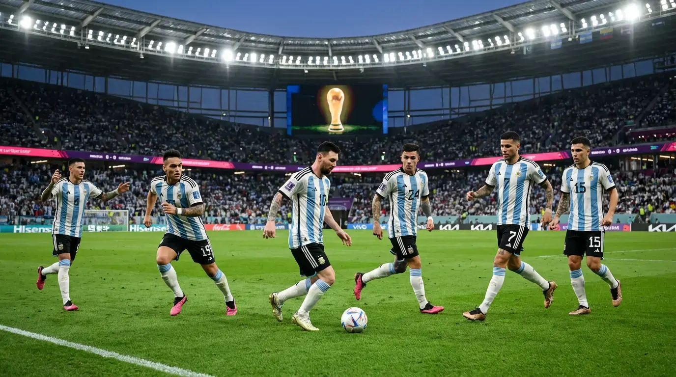 Argentinische Nationalmannschaft mit WM-Pokal 2022 feiert den dritten Weltmeistertitel