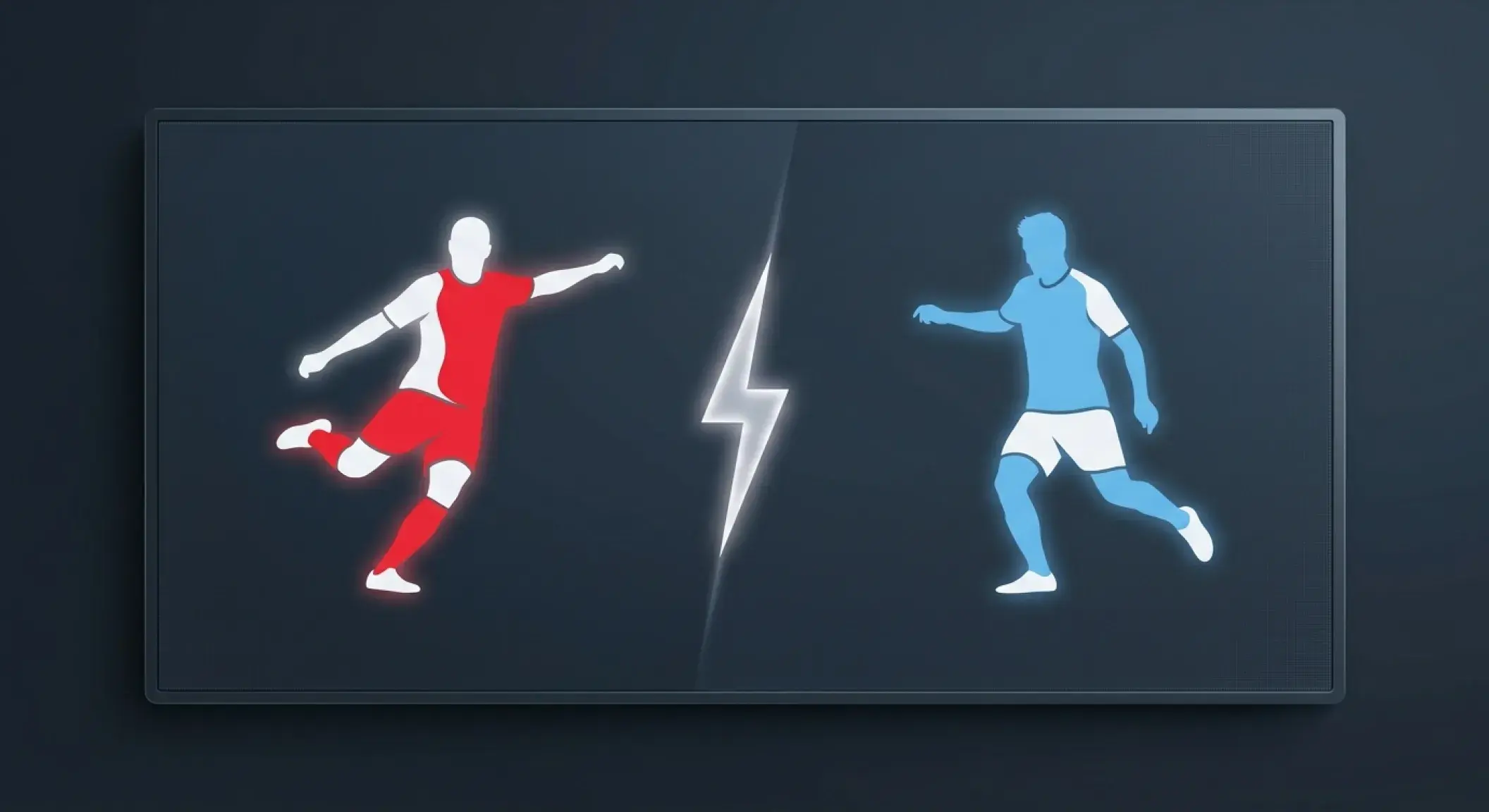Vergleichs-Grafik: links eine weiss-rote Torjäger-Silhouette mit der Zahl 6, rechts eine himmelblau-weisse Spielmacher-Silhouette mit der Zahl 8, dazwischen ein Blitz-Symbol, dunkler Hintergrund