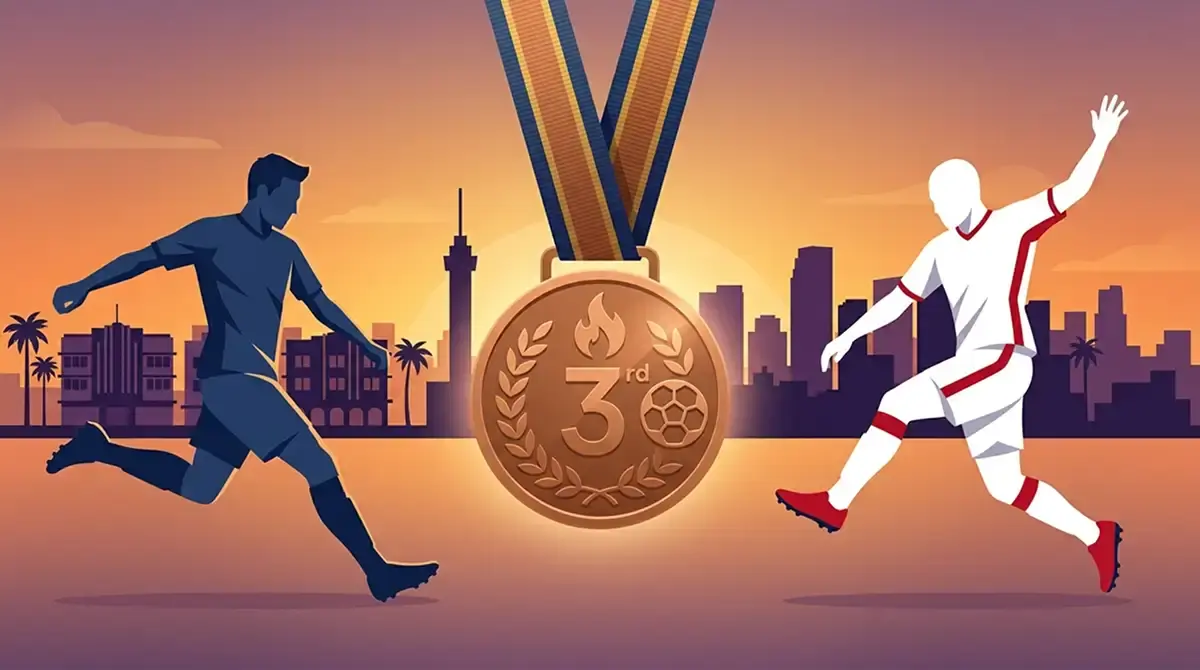 Editorial-Sportposter: links eine blaue Fussballfigur, rechts eine weisse Figur mit rotem Akzent, dazwischen eine bronzefarbene Medaille als zentrales Motiv, warmes Abendlicht über einer Miami-Silhouette, ruhige, leicht melancholische Stimmung