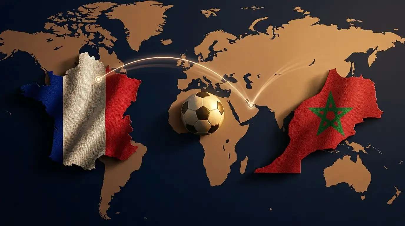 Editorial-Sportposter mit einer stilisierten Weltkarte in Sepia- und Marineblautönen, mit einem leuchtenden Bogen von der arabischen Halbinsel (Katar 2022) nach Neu-England (Foxborough 2026), links blau-weiss-rote Textur, rechts rot-grüne Textur