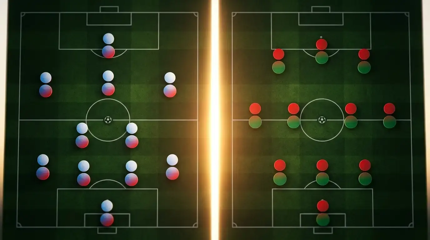 Kompaktes taktisches Diagramm mit zwei Formationen — französisches 4-2-3-1 in blau-weiss-roten Tönen, marokkanisches 3-4-3 in rot-grünen Tönen, getrennt durch eine vertikale Lichtlinie