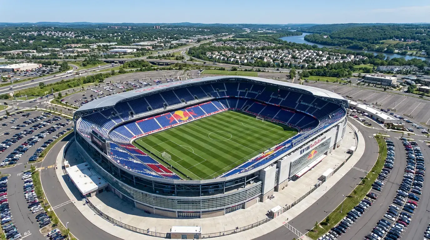Modernes amerikanisches Fussballstadion mit Fussballfeld aus Vogelperspektive