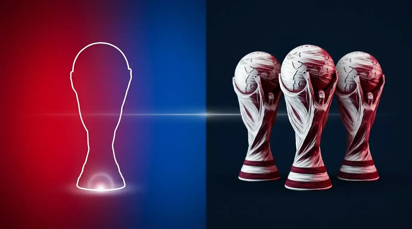 Vergleichs-Grafik: links eine leere Trophäen-Silhouette auf rot-blauem Hintergrund (Norwegens erster WM-Viertelfinal), rechts drei gefüllte Trophäen in einer horizontalen Reihe auf marineblauem Hintergrund (Englands drei Viertelfinals in Folge)