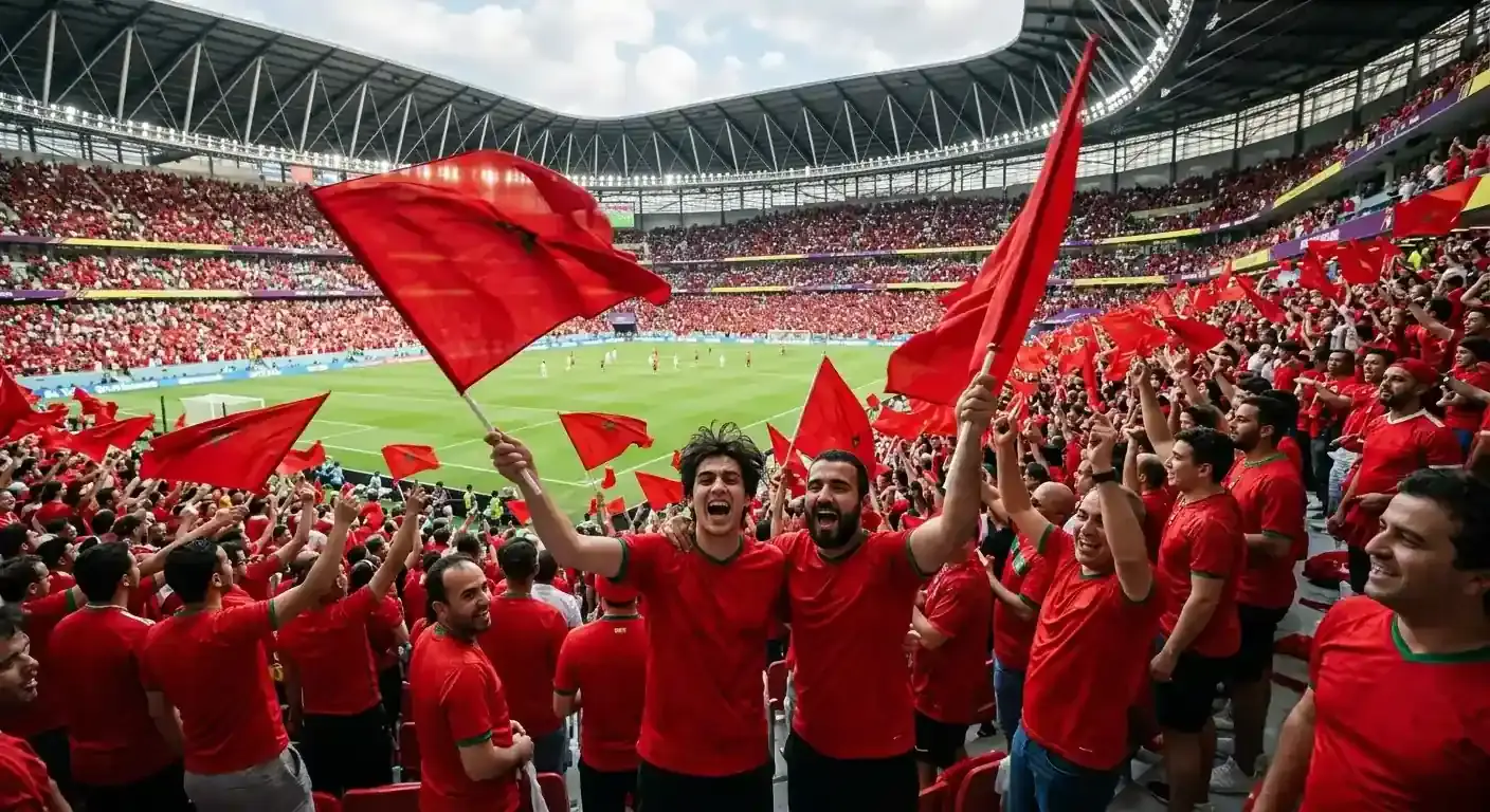 Schweizer Fans mit roten Trikots und Fahnen feiern in einem WM-Stadion