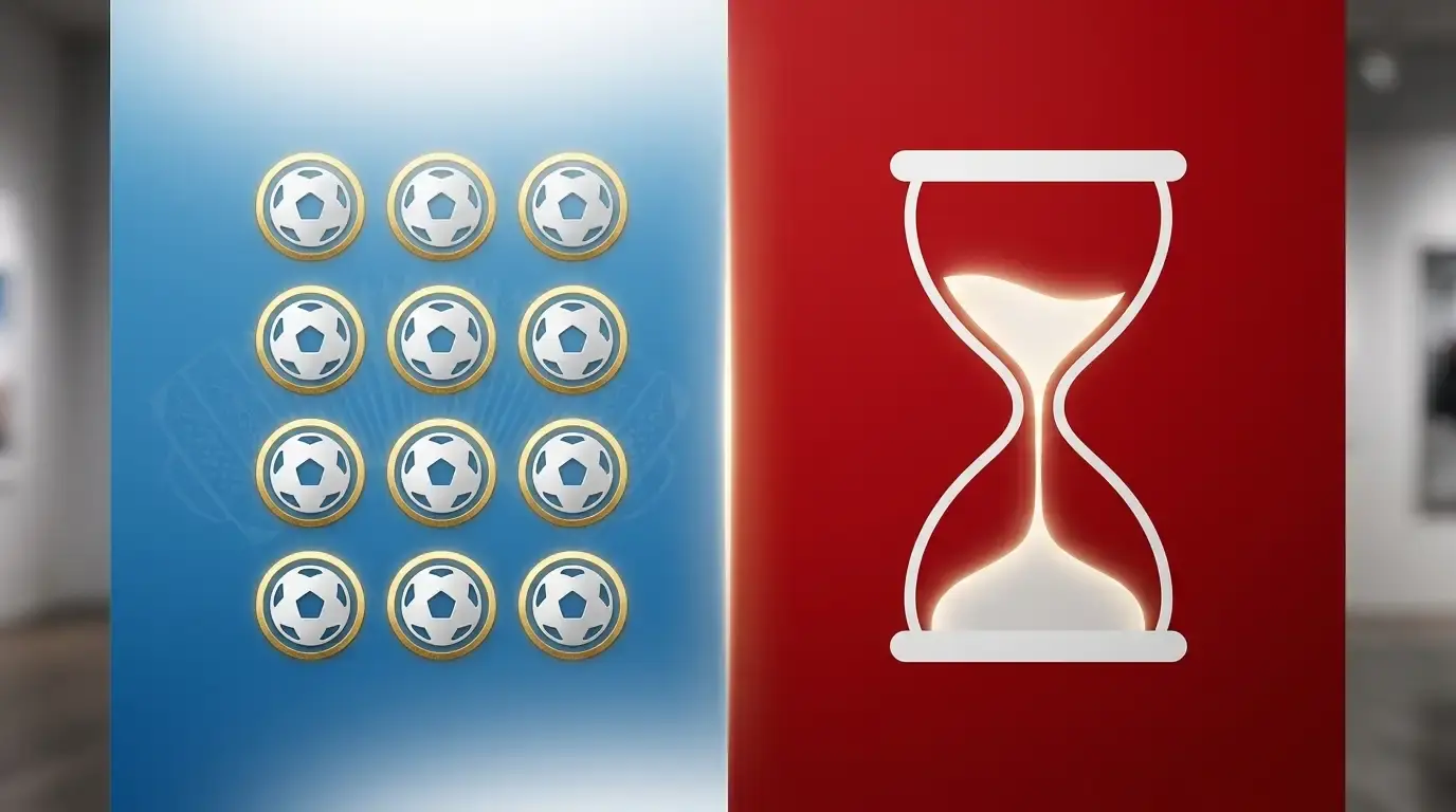 Vergleichs-Grafik: linke Seite zeigt eine Silhouette mit acht schwebenden Bällen und einem Bandonium-Motiv (Argentinien-Messi), rechte Seite eine grosse stilisierte Sanduhr mit einem Schweizerkreuz auf rot