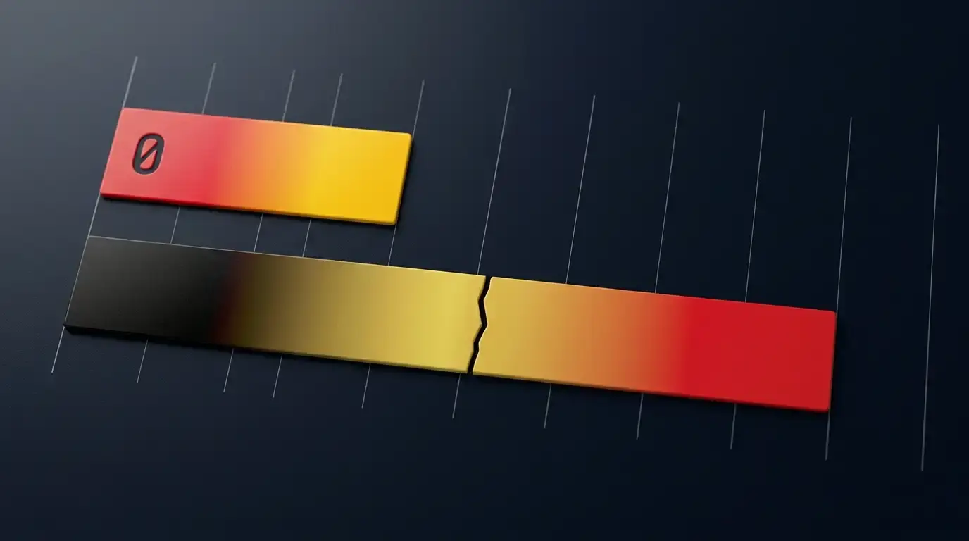 Vergleichs-Grafik: links kurzer rot-gelber Balken mit Null-Symbol (Spanien 0 Gegentore), rechts längerer schwarz-gelb-roter Balken mit einer sichtbaren Rissspur (Belgien-Onana-Ausfall), gegen dunklen Marineblau-Hintergrund