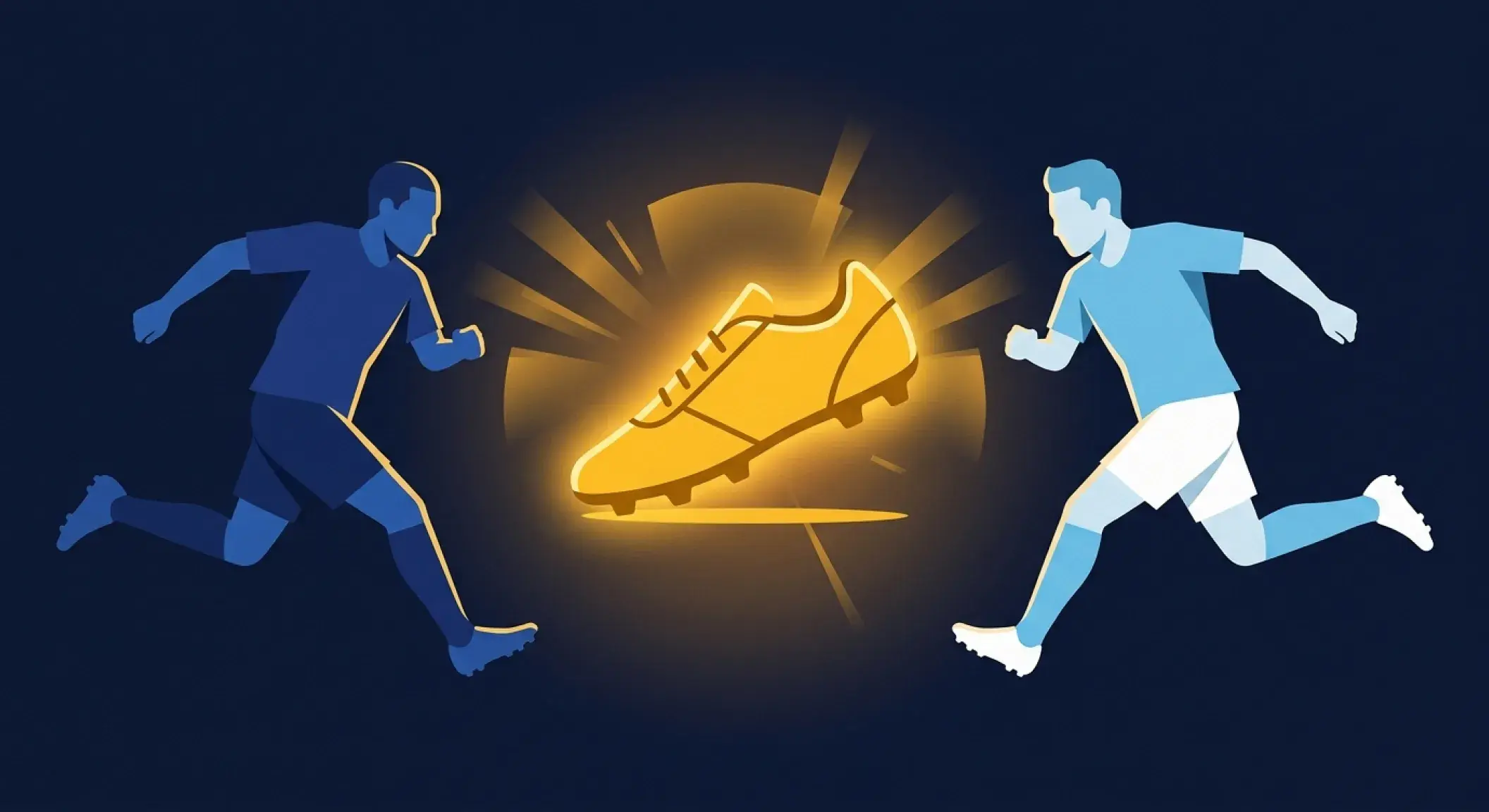 Editorial-Sportposter: ein goldener Fussballschuh in der Mitte, links eine blaue Stürmerfigur, rechts eine himmelblau-weisse Figur, beide im Schussversuch, strahlender Hintergrund, dunkles Marineblau