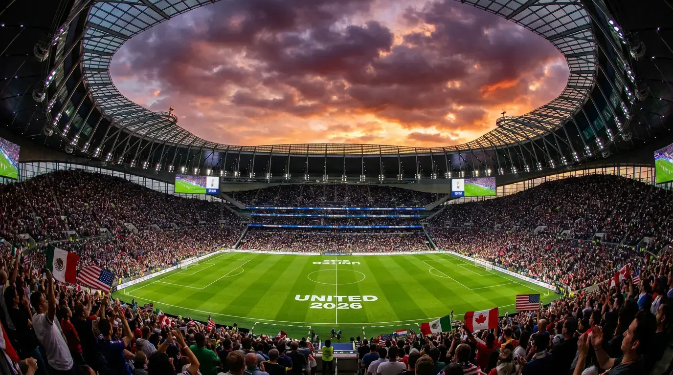 Fussballstadion mit WM-2026-Atmosphäre bei Sonnenuntergang