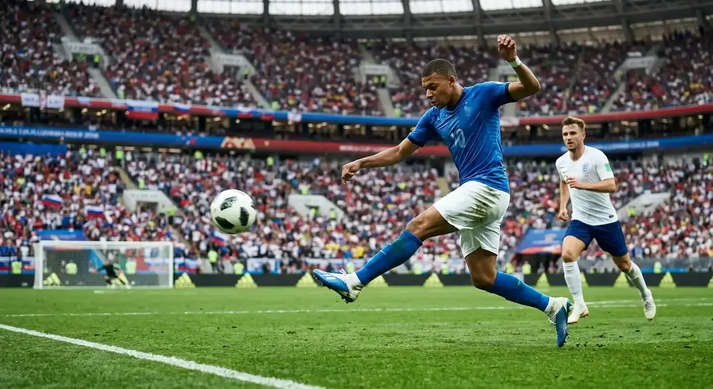 Spielszene eines WM-Spiels, Stürmer im blauen Trikot schiesst aufs Tor, Verteidiger im Hintergrund