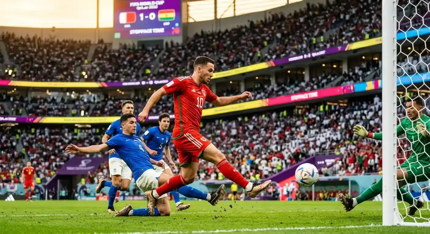 Spielszene aus einem WM-Sechzehntelfinal, ein Stürmer im roten Trikot trifft in der Nachspielzeit