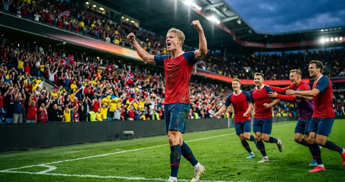 Erling Haaland bejubelt einen entscheidenden Treffer im norwegischen Trikot vor jubelnden Fans