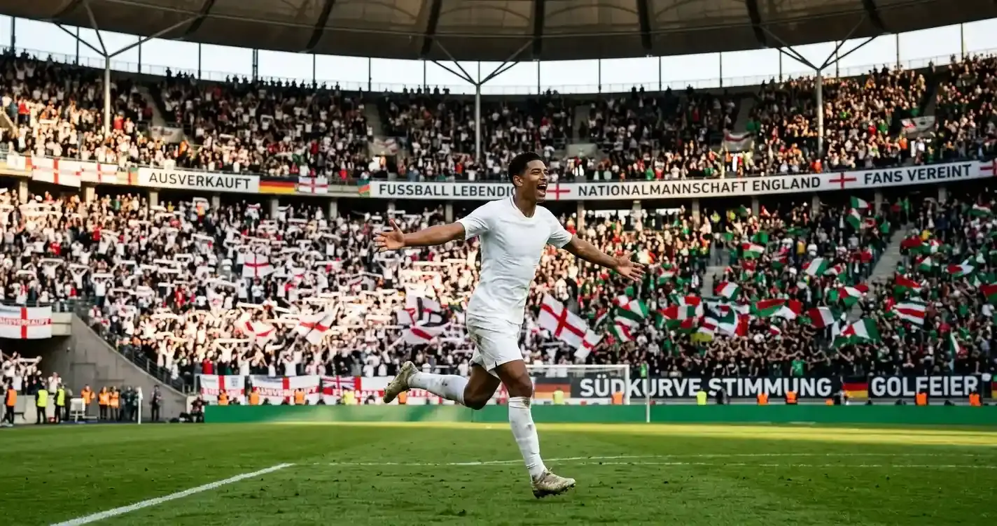 Jude Bellingham bejubelt ein WM-Tor im englischen Trikot vor englischen Fans im Azteca