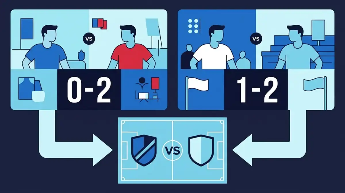 Vergleichs-Grafik: zwei Halbfinal-Panels nebeneinander, links «FRA 0:2 ESP», rechts «ENG 1:2 ARG», darunter ein Pfeil, der auf ein zentrales Final-Feld «ESP – ARG» zeigt, Farben Blau und Hellblau