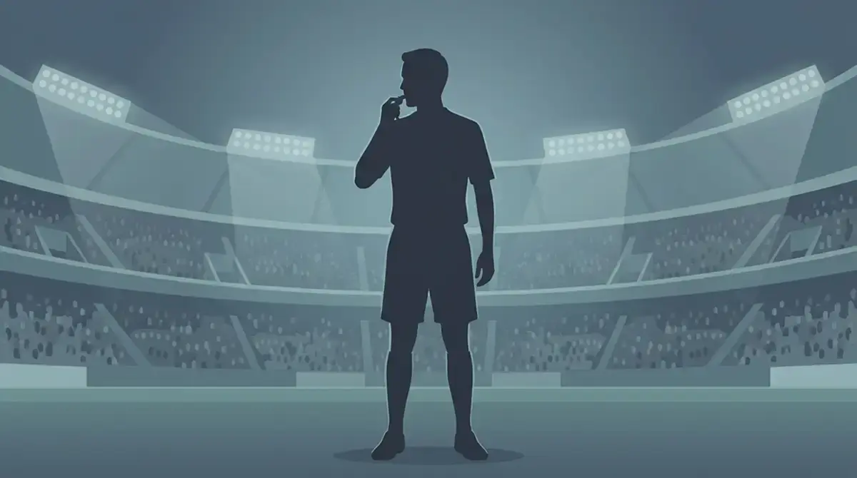 Editorial-Sportposter: eine ruhige, respektvolle Silhouette einer Schiedsrichter-Figur, die eine Pfeife hält, im Hintergrund ein stilisiertes ausverkauftes Stadion in gedämpftem Flutlicht, neutrale blau-graue Farbpalette, würdevolle Stimmung