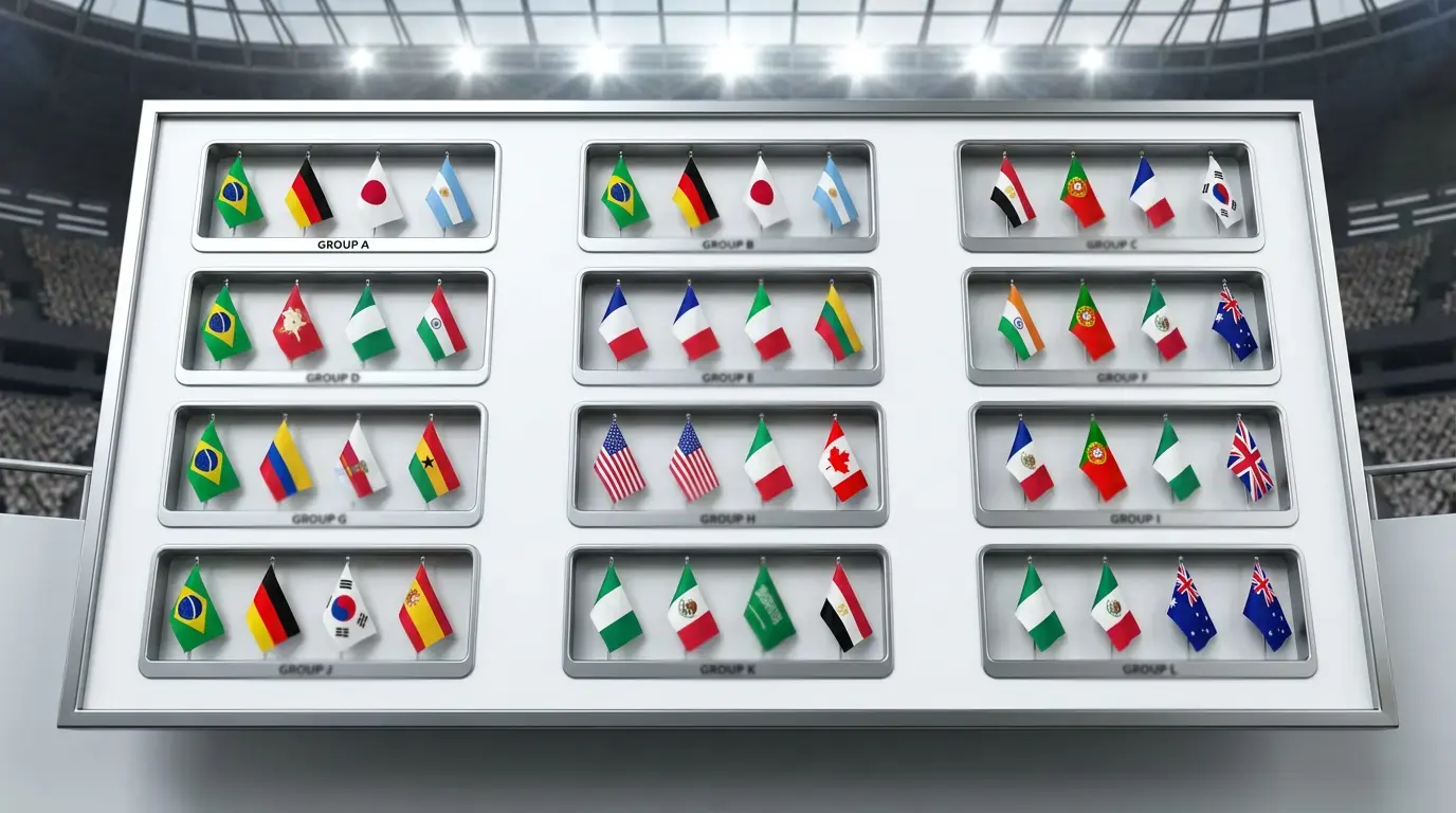 Übersicht der 12 WM 2026 Gruppen mit Flaggen aller 48 teilnehmenden Nationen in Turnierformat