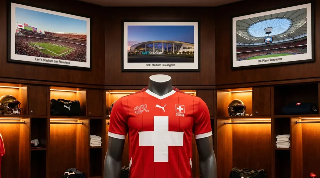 Spielplan der Schweiz in Gruppe B mit Daten, Uhrzeiten und Stadien der drei Gruppenspiele