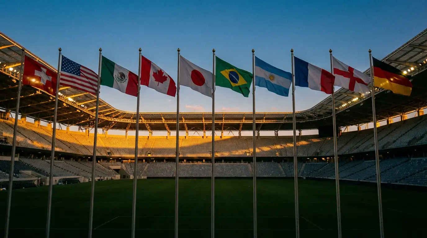 Übersicht der WM 2026 mit Flaggen der teilnehmenden Nationen und Wettsymbolen vor Stadionkulisse