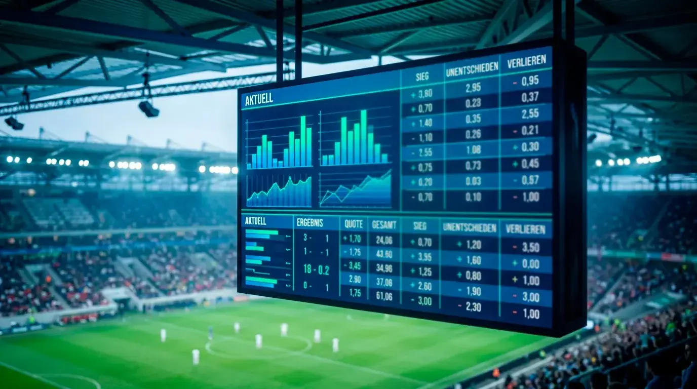 Anzeigetafel mit Wettquoten und Stadion im Hintergrund