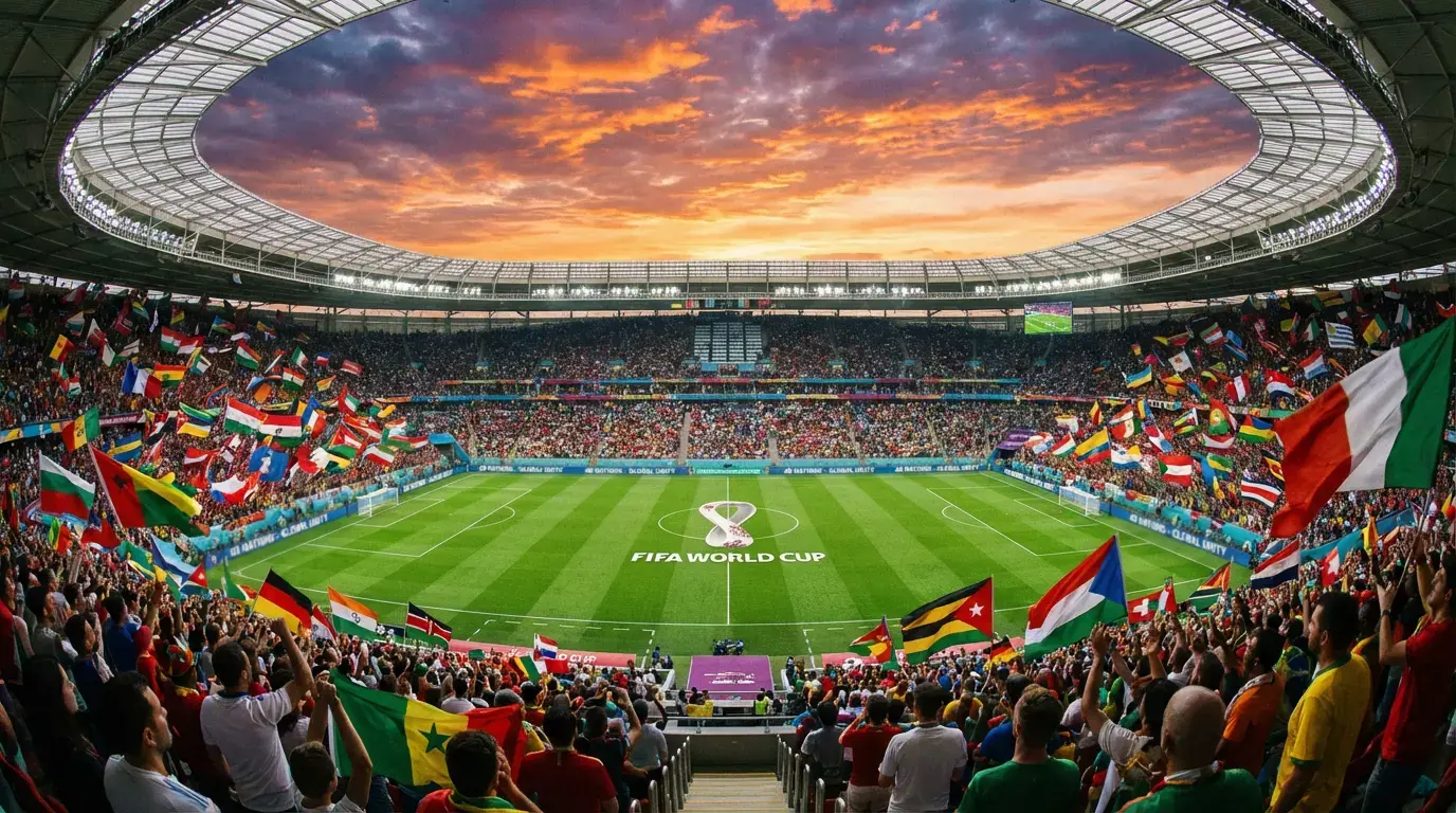 Collage der 48 WM 2026 Teilnehmernationen mit Flaggen und Schlüsselspielern vor globalem Hintergrund
