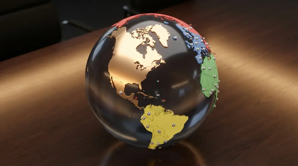 Weltkarte mit Markierungen der 48 WM 2026 Teilnehmer nach Konföderationen