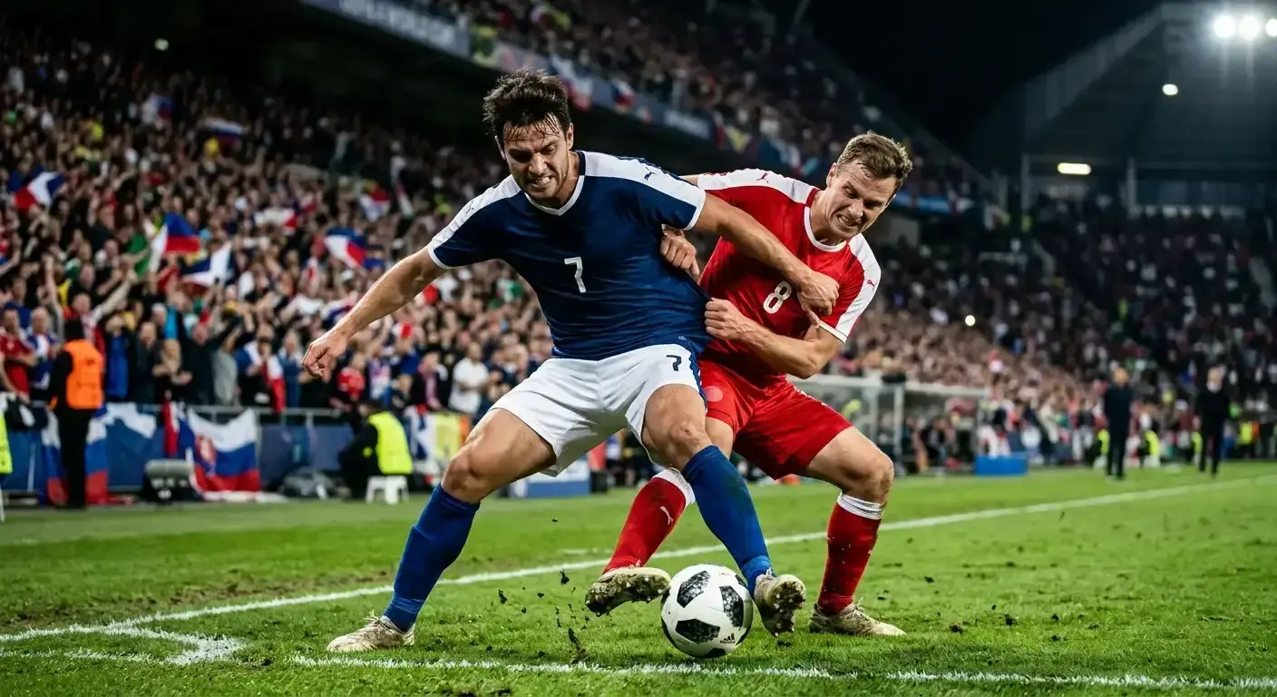 Zwei Nationalspieler im Zweikampf um den Ball während eines WM-Knockout-Spiels