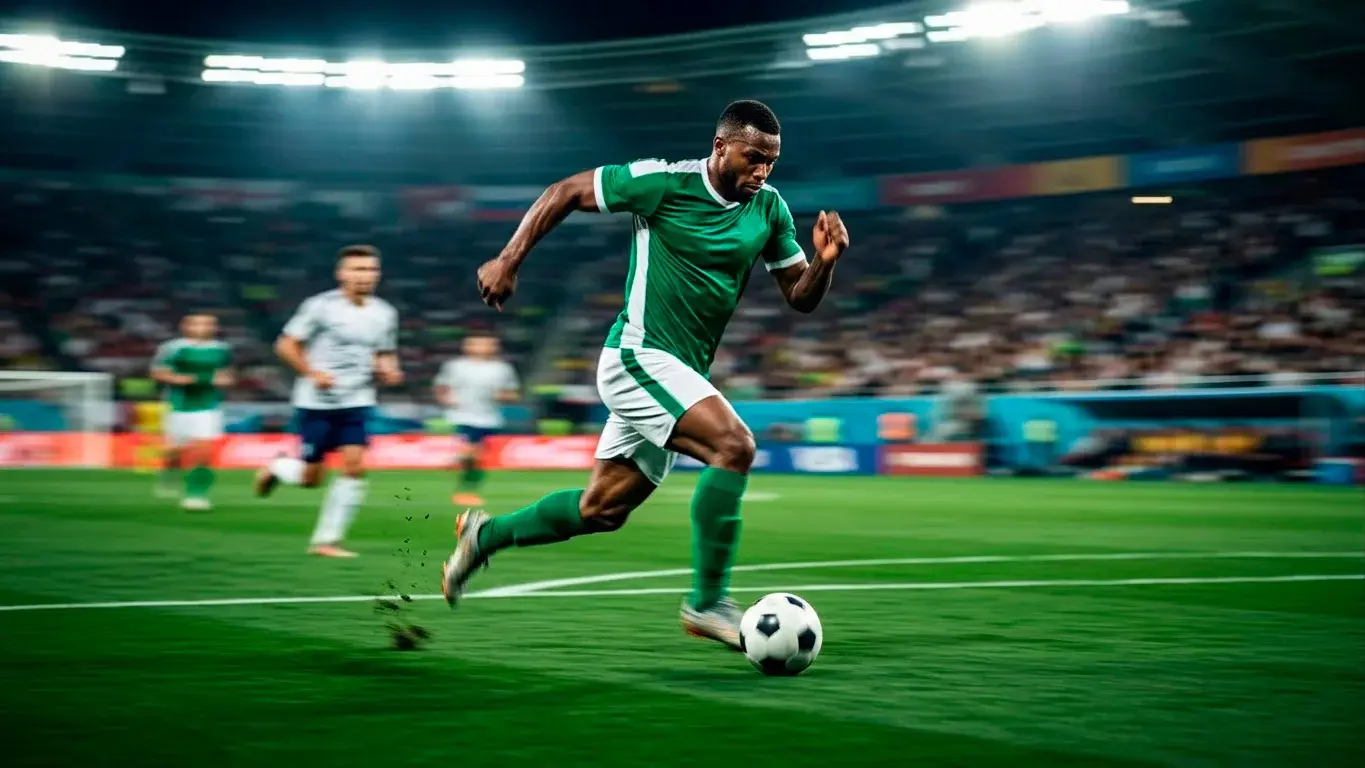 Stürmer im Sprint mit dem Ball, dynamische WM-Szene