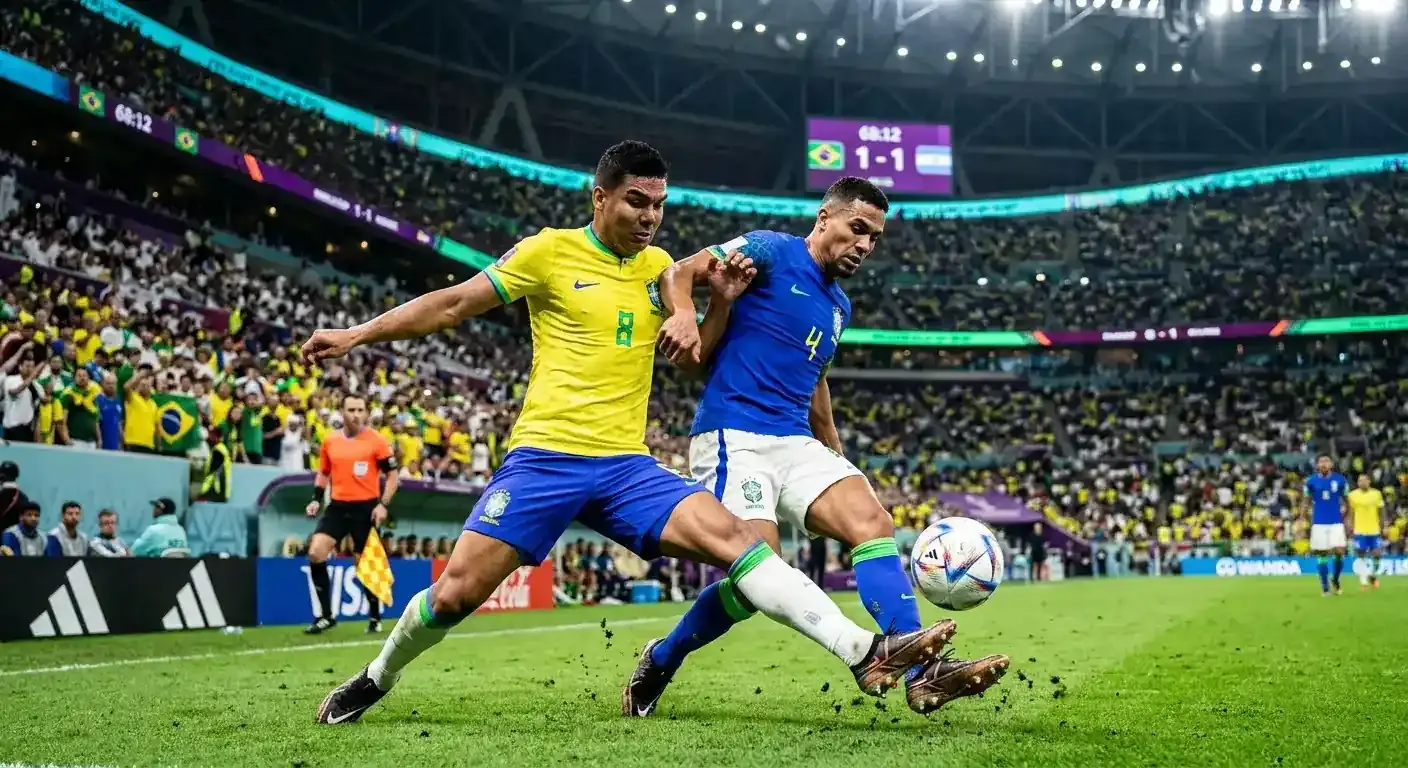 Zwei Nationalspieler im Zweikampf um den Ball während eines WM-Knockout-Spiels