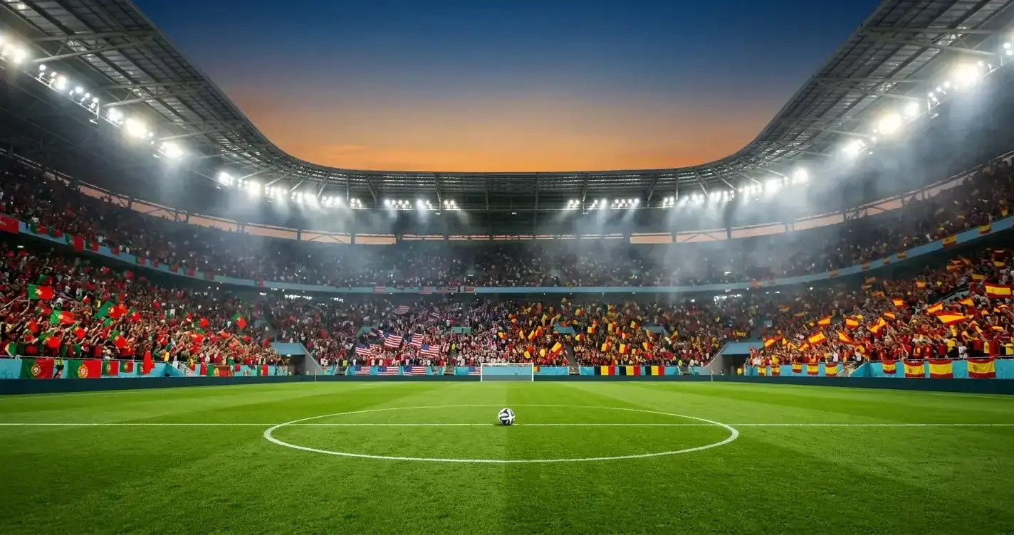 Fussball-Stadion bei WM-Achtelfinal mit stimmungsvoller Beleuchtung und wehenden Fahnen