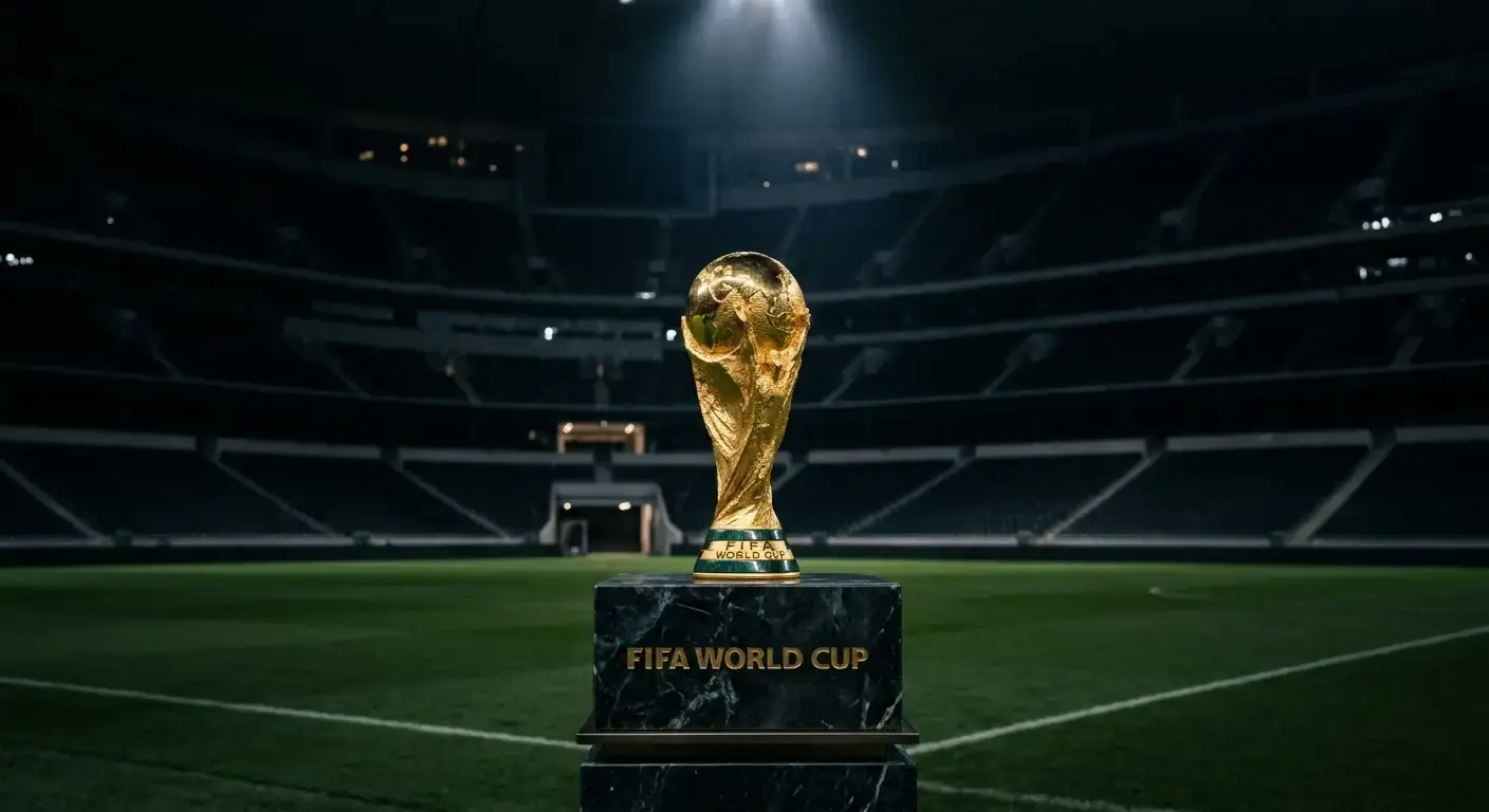 Goldener Fussball-Pokal auf einem Podest in einem leeren WM-Stadion, dramatische Beleuchtung