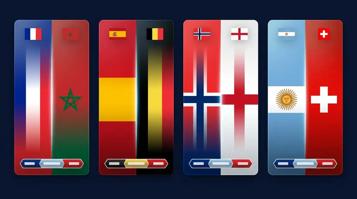 Editorial-Grafik-Poster mit vier vertikalen Karten für die vier Viertelfinal-Duelle, jede mit Länderfarben und einer stilisierten Quoten-Leiste, dunkler Marineblau-Hintergrund